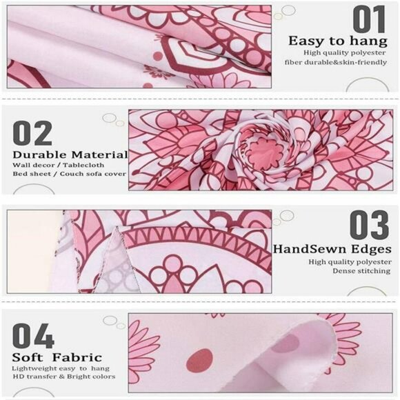 Boho Pink Mandala Wall Tapestry Floral Dorm Room Decor for Teen Girls Bedroom - Picture 5 of 8